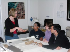 Karen Smith, Kathleen Ninan '11, Susan Payton '11, and Collin Neal '11 in the Monticello Archaeology Lab